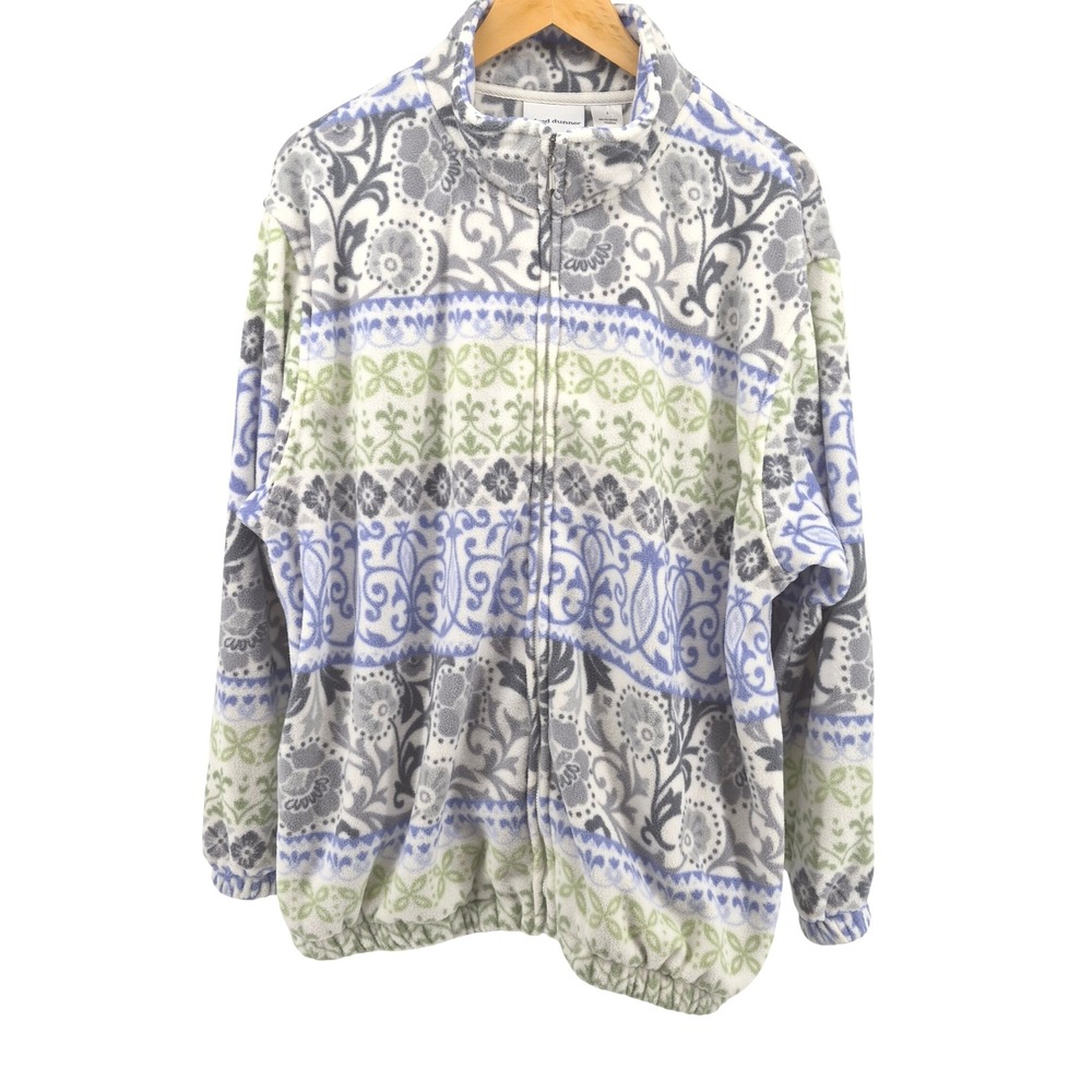 Alfred‎ Dunner Floral Fleece Jacket Womens L Full Zip Gray Blue Green Cozy